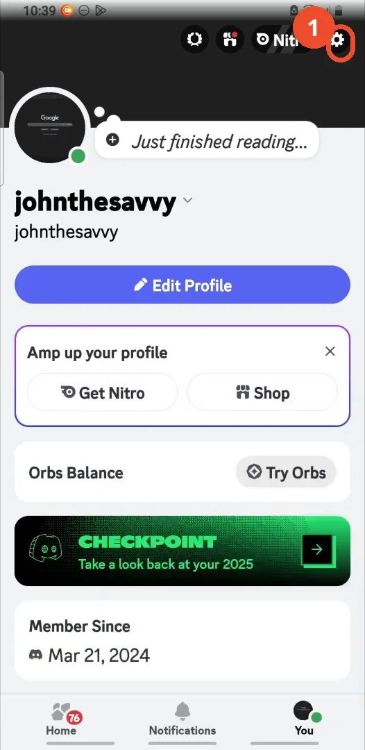 Tap the gear icon on your profile