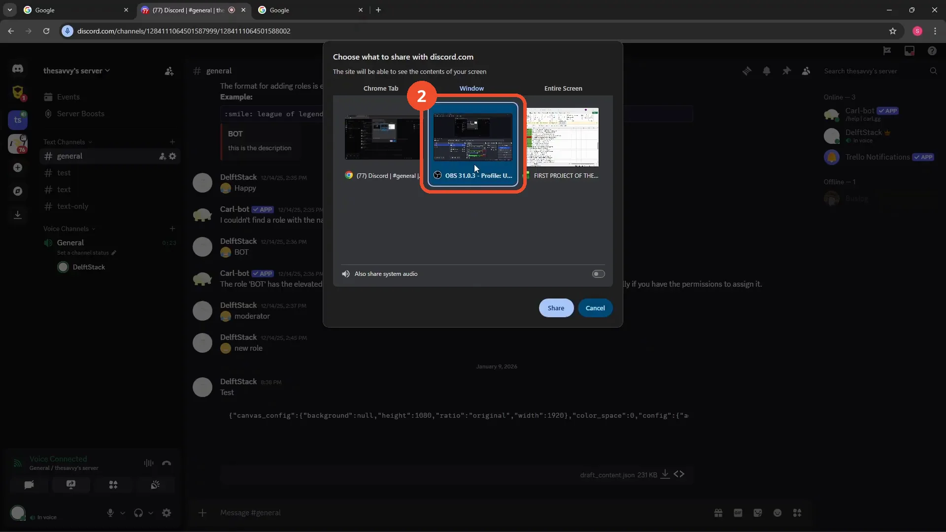 Select the OBS window on the Window tab