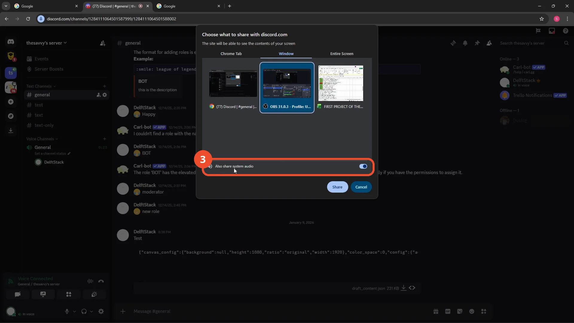 Turn on Also share system audio