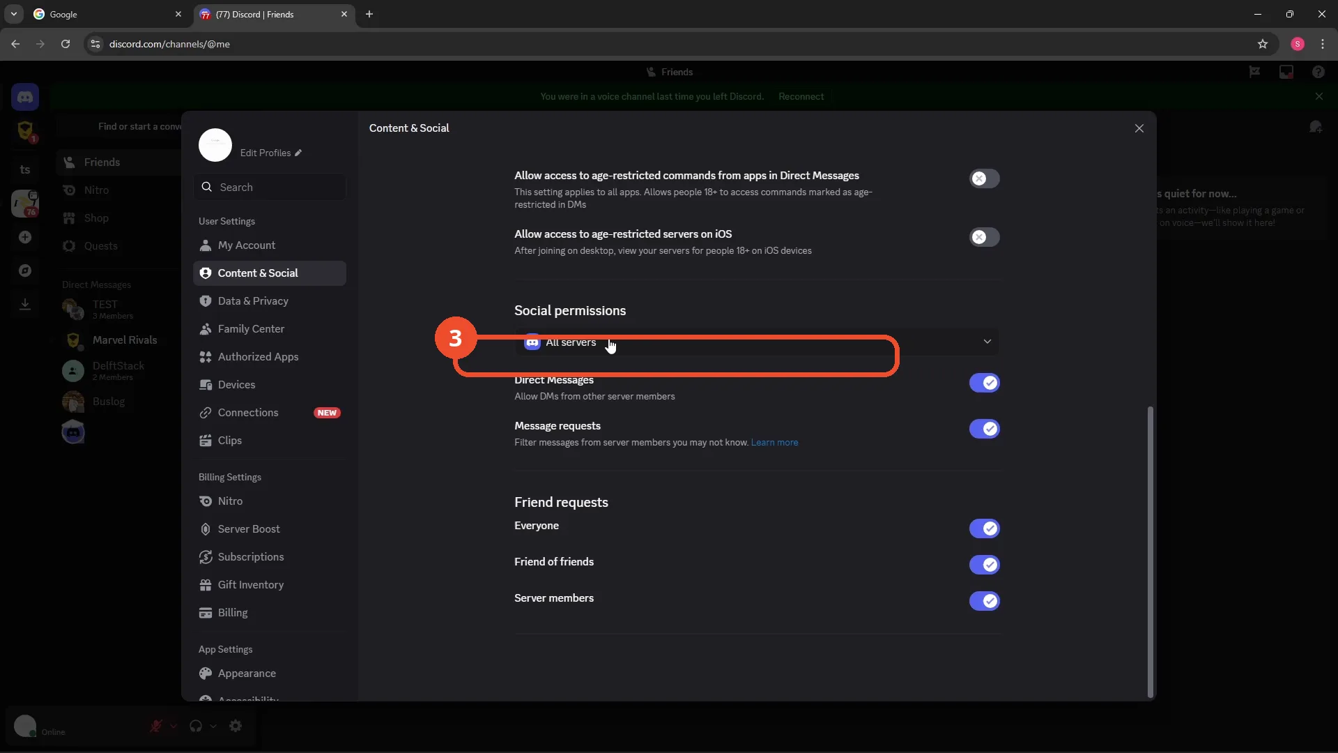 Set Social permissions to All servers
