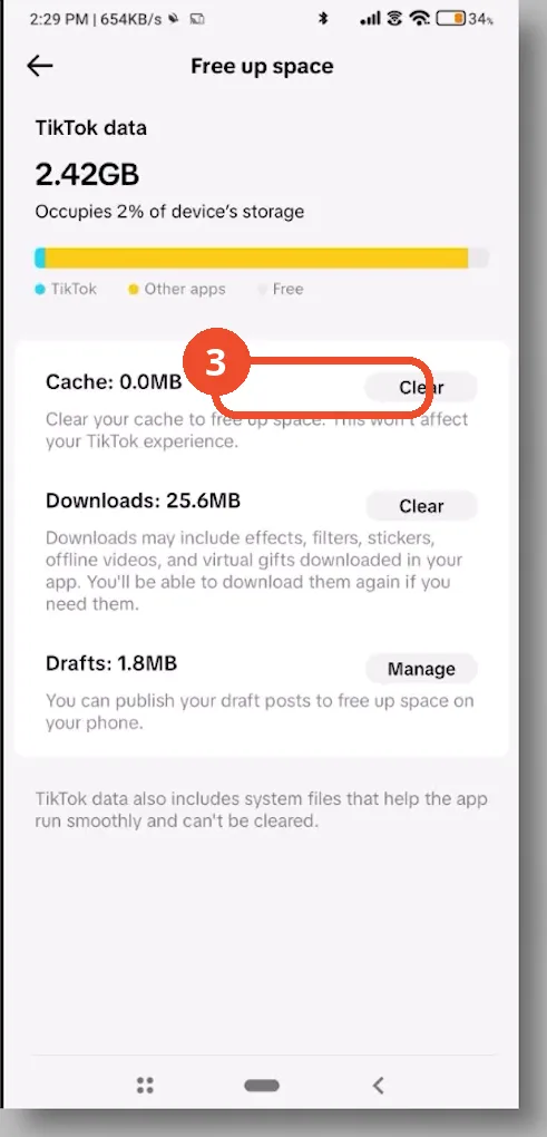 Clear the cache in Free up space