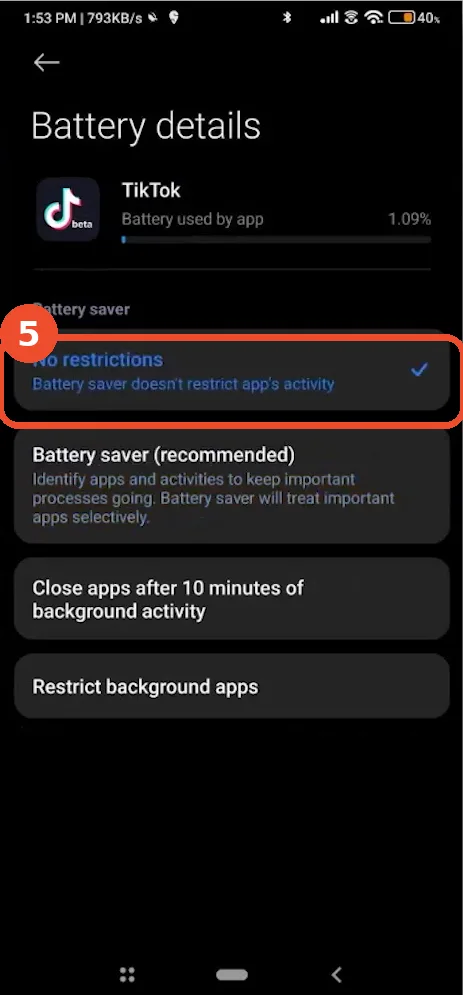 Set battery to No restrictions