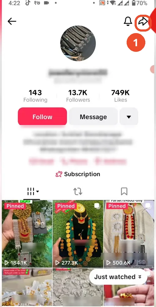 Open the account profile and tap the share arrow