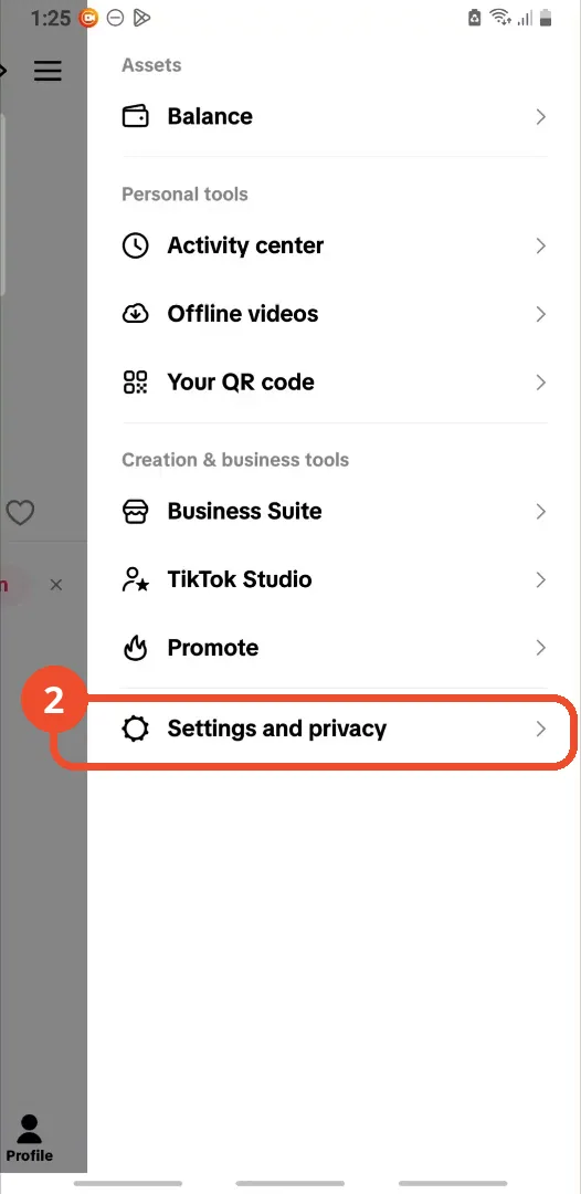 Tap Settings and privacy in the profile menu