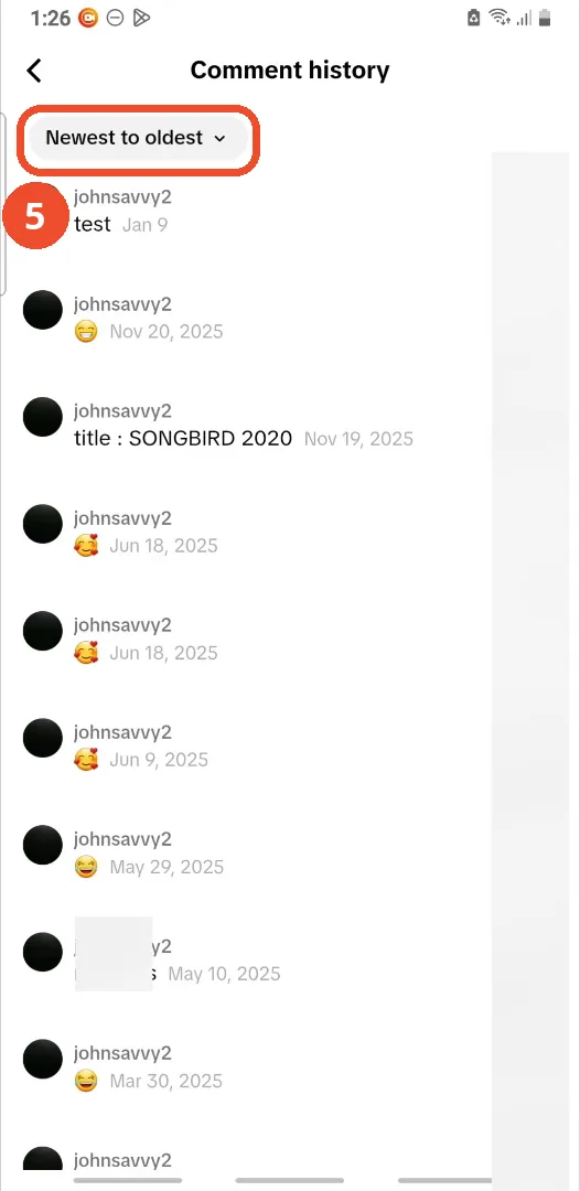 The Comment history list with the sort filter