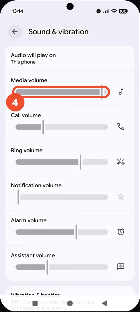 Drag the Media volume slider on the Sound & vibration page