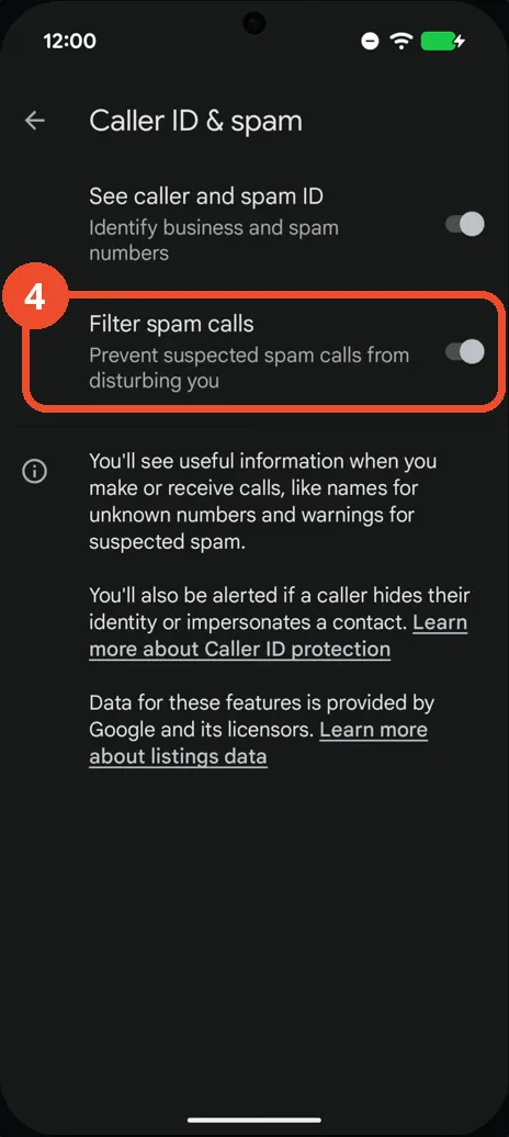 Turn on Filter spam calls
