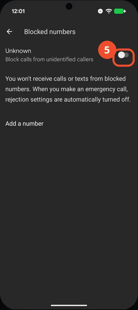The Unknown switch on the Blocked numbers page, left off