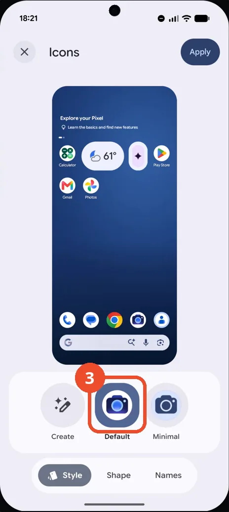 Select the Default icon style under the Style tab