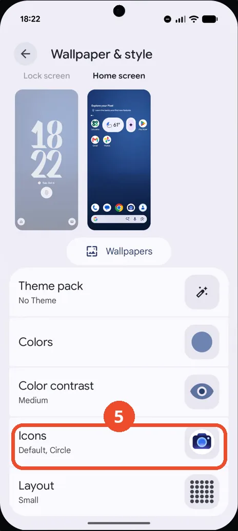 The Icons line now reads Default, Circle