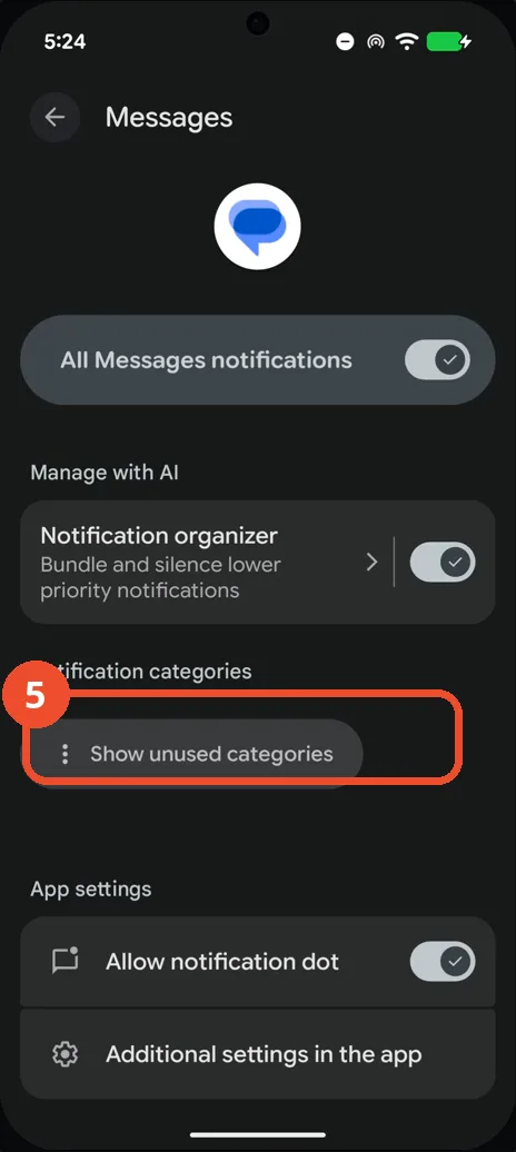 Show the notification categories