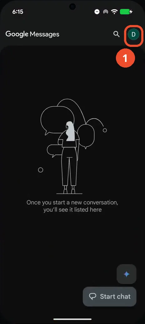 Tap your profile icon in Google Messages