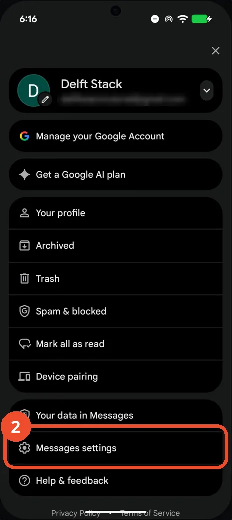 Tap Messages settings in the account menu