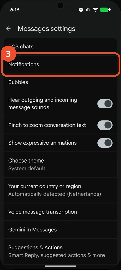 Tap Notifications in Messages settings