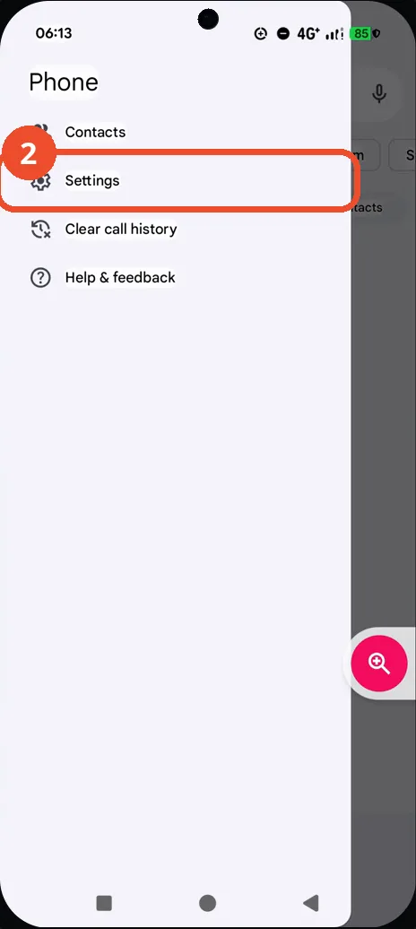 Tap Settings in the Phone menu