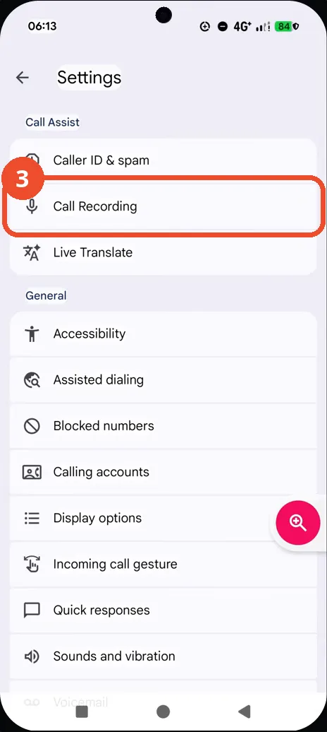 Tap Call Recording in Phone Settings