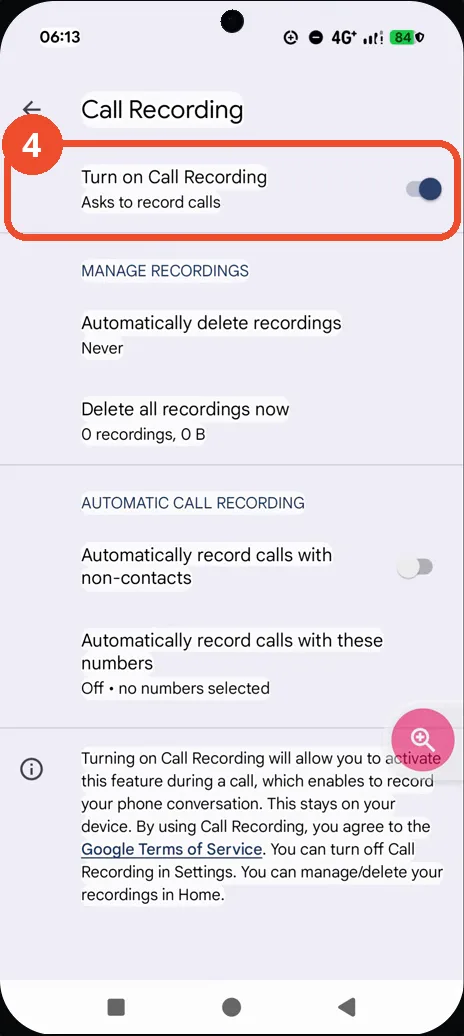 The Call Recording page with the automatic recording options