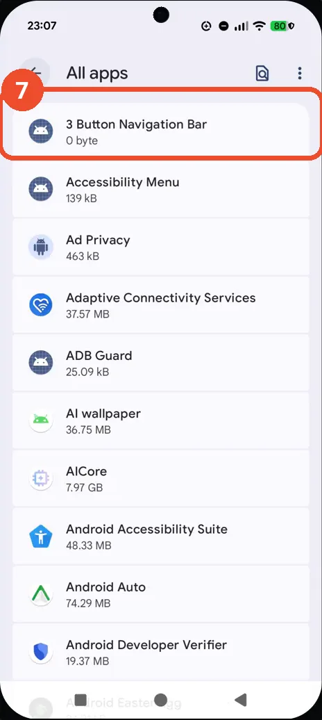 Check the system apps in the list
