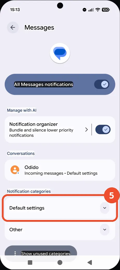 Expand Default settings under Notification categories