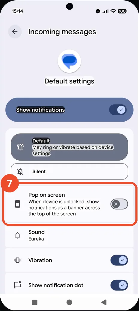 Turn off Pop on screen for Incoming messages