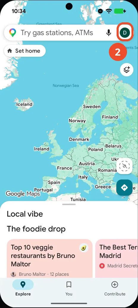 Tap your profile picture in the Maps search bar