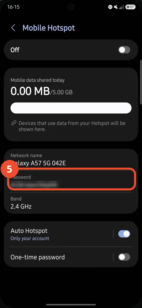 Read the password under Password on the Mobile Hotspot page