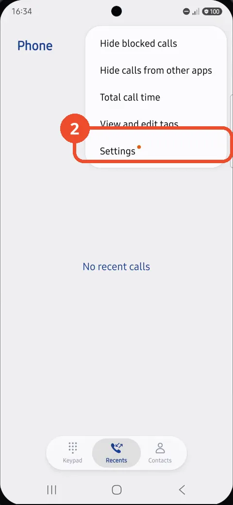 Tap Settings in the Phone menu