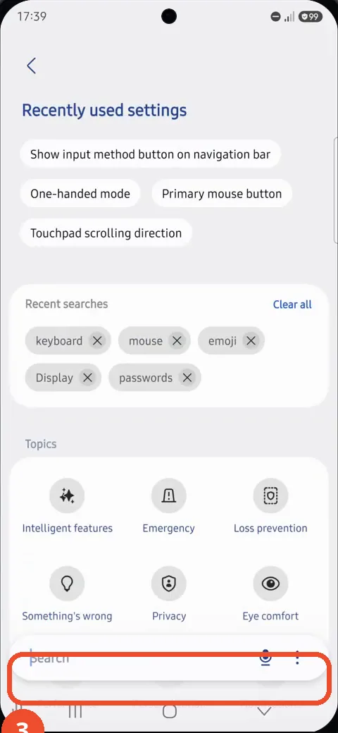 Tap the Settings search field