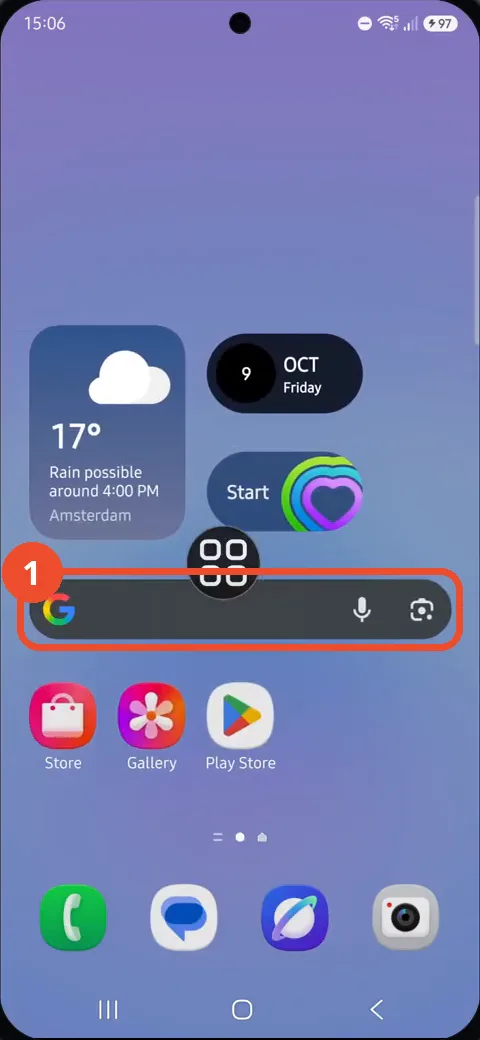 Find the Home screen page that shows the Google Search bar