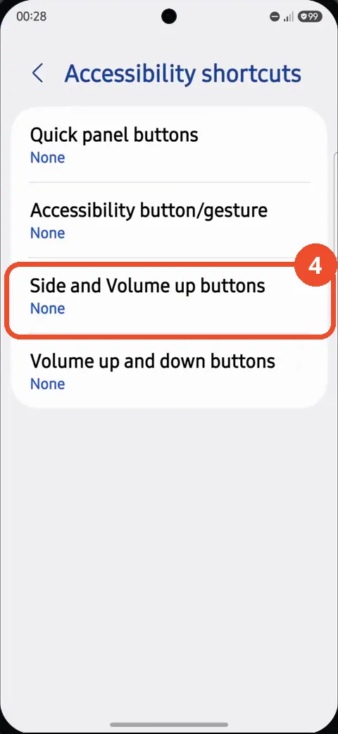 Tap Side and Volume up buttons on the Accessibility shortcuts page